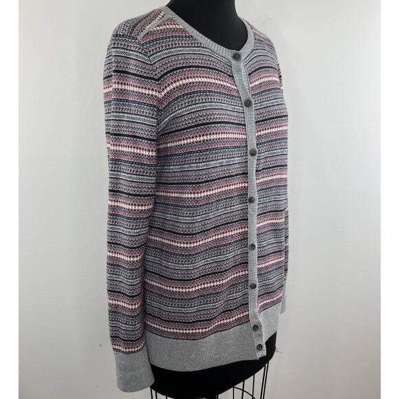 L.L. Bean Gray Red Striped Cotton Cashmere Button Down Cardigan Sweater Size M - Picture 3 of 10